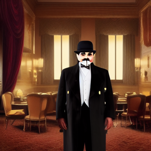 Poirot standing in the hotel's grand dining hall, dramatically revealing the true identity of the killer as the other guests gasp in surprise and horror.